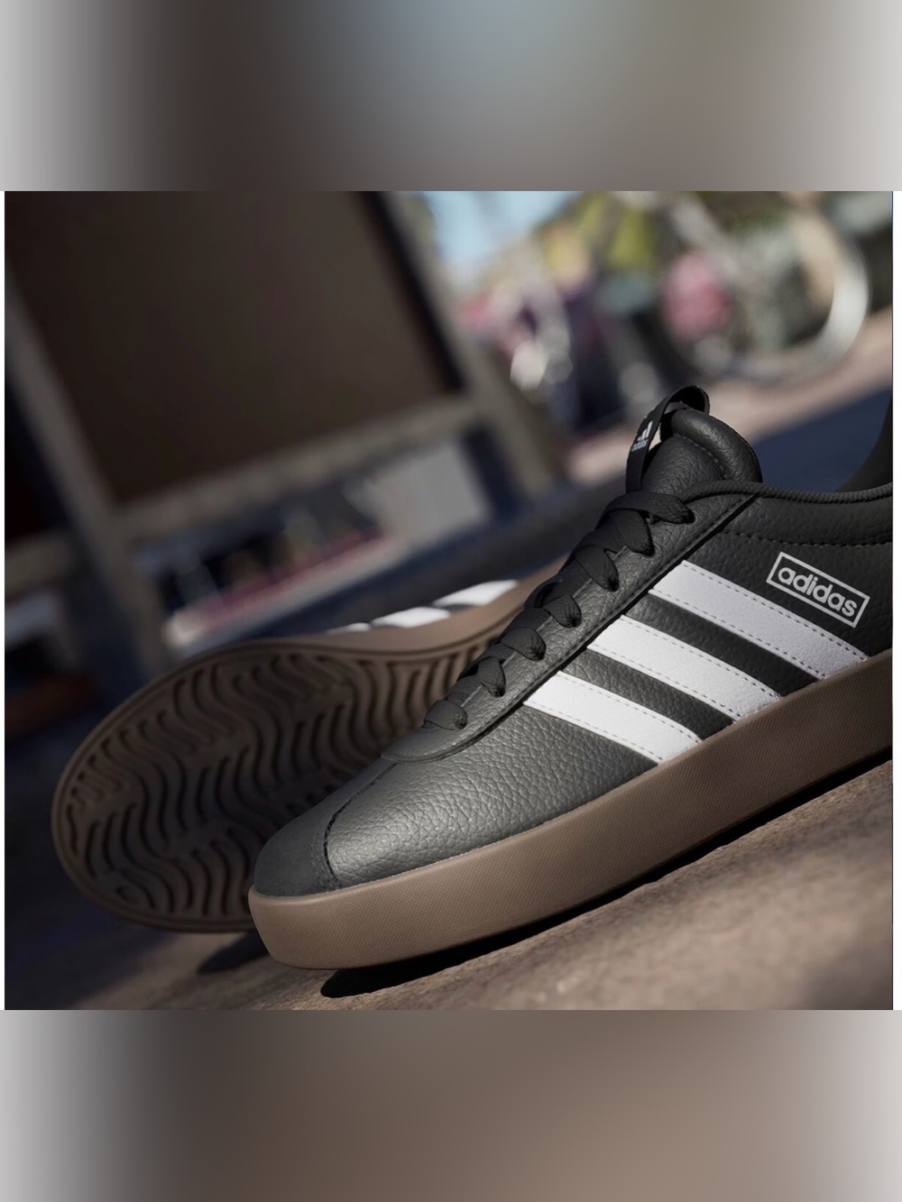 adidas Unisex W8/M6 Court Black Sneakers with White Stripes and Brown Gum Sole